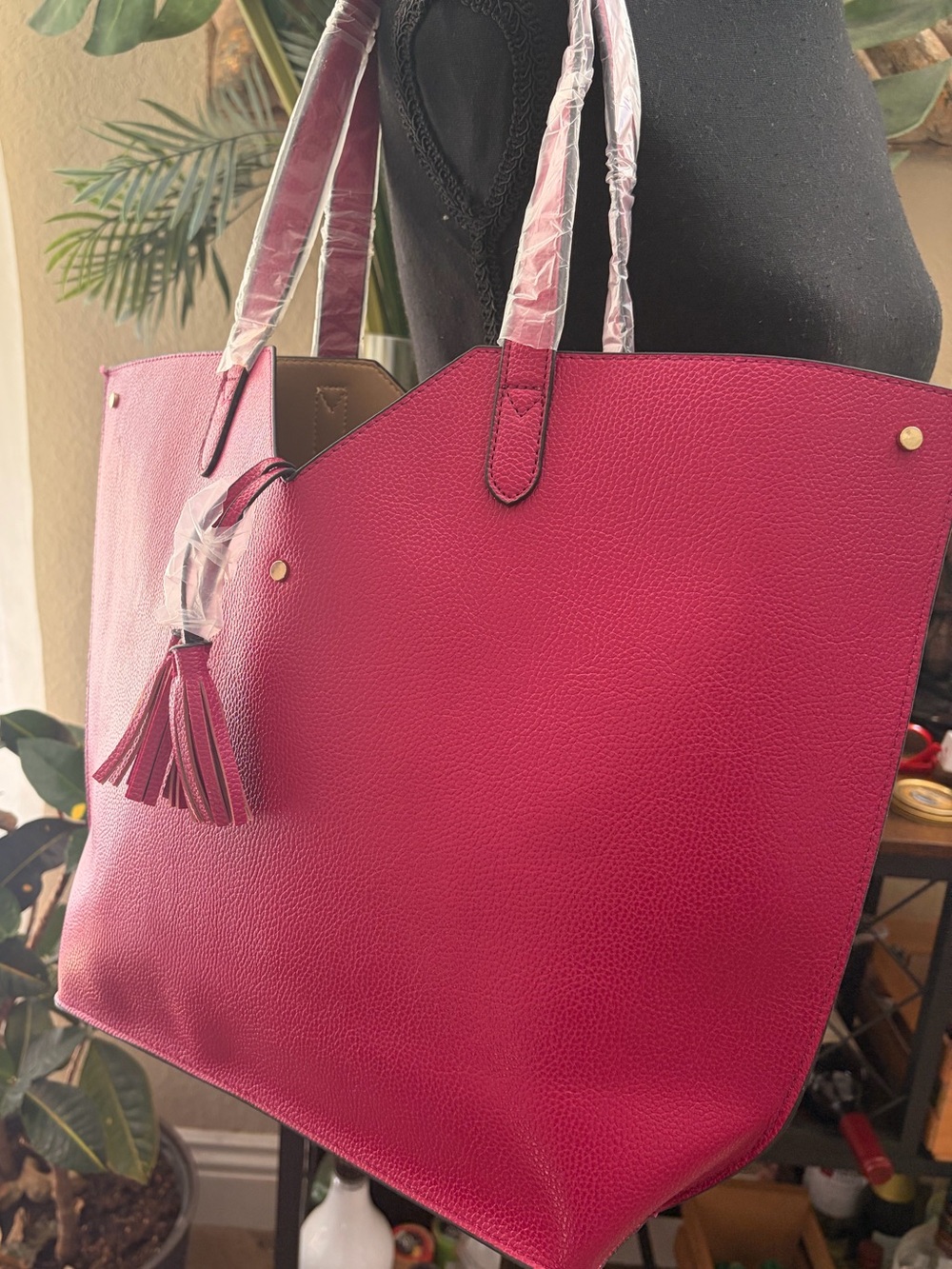 Neiman Marcus Hot Pink Pebbled Leather Tote with Tassel Accent - Picture 3 of 3